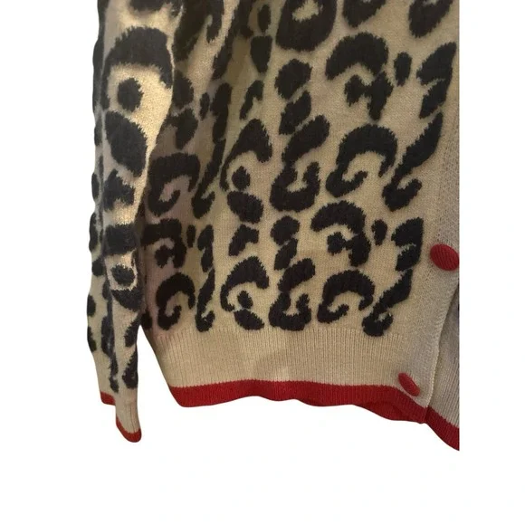 Leopard Print Taupe Navy Blue Cardigan Red Buttons *No Size Tag See Measurements - Picture 4 of 9